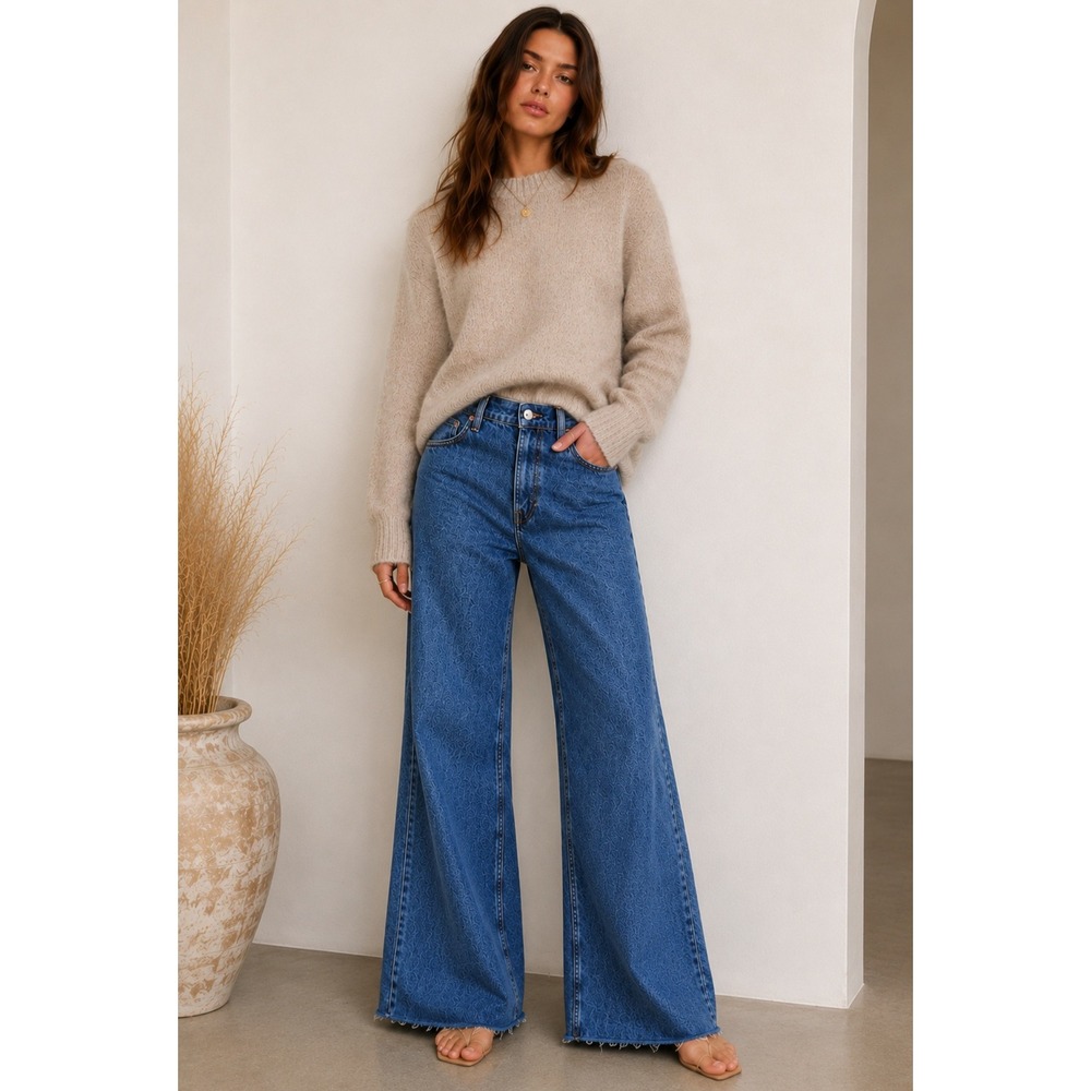 Nudie Jeans Co Wide Heidi Evening Jazz Blue Wide Leg Cotton Low Rise Jeans 29
